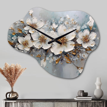 White And Gold Daisy Symphony III - Asymmetric Metal Wall Clock